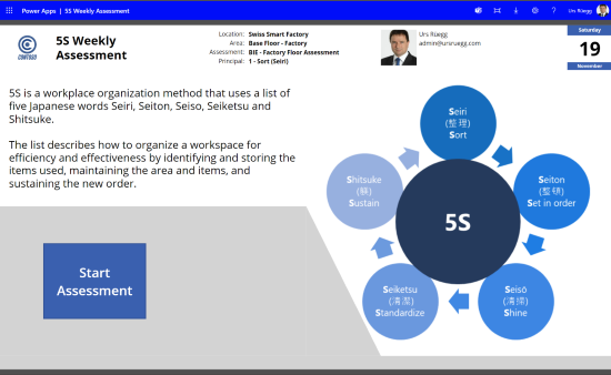 he 5S Assessment solution is a collection of three Power Apps to manage 5S methodology - Kaizen and Lean Management within an organization.