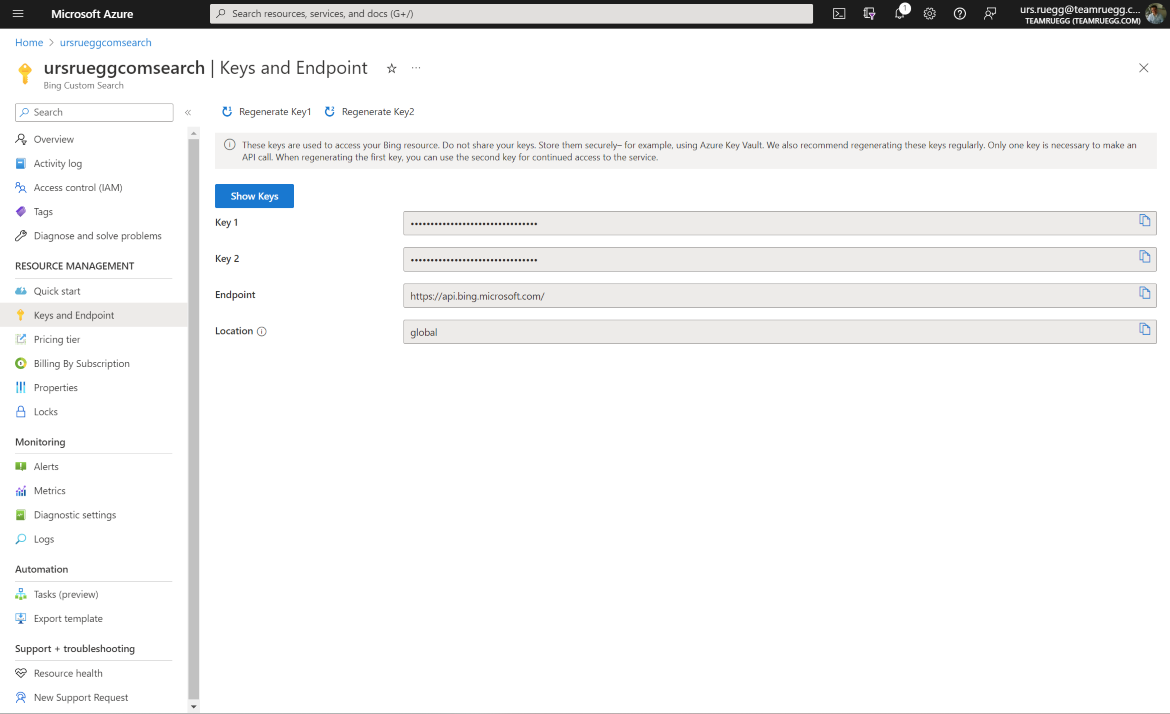 Azure Search Subscription Key