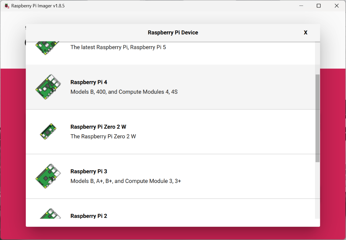 Choose the Rasbperry Pi Device - Raspberry Pi Zero 2 W.