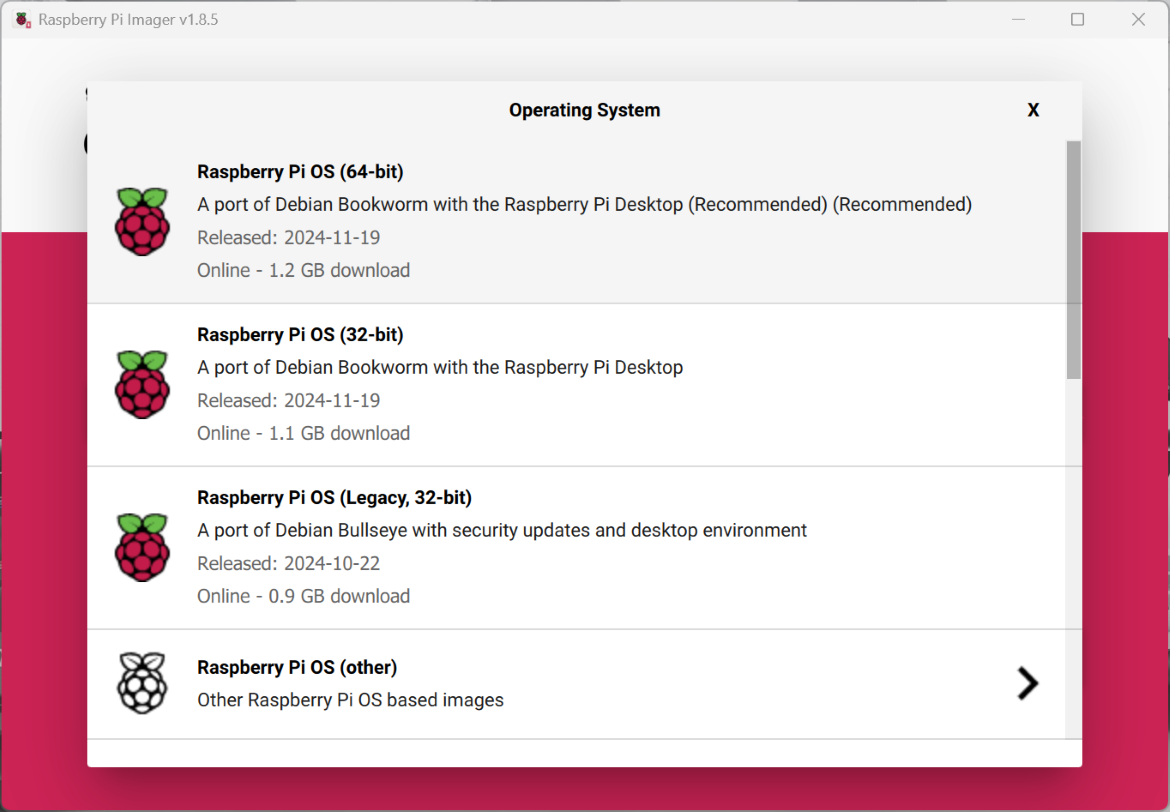 Choose the Rasbperry Pi Operating System - Raspberry Pi OS (Legacy, 32-bit).