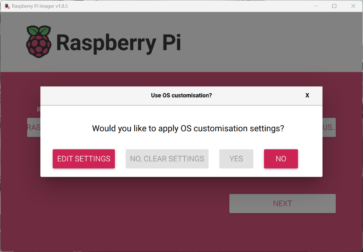 Choose the Rasbperry Pi Settings - Edit Settings.
