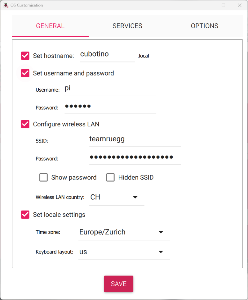 Change the Rasbperry Pi General Settings - hostname, username, WLAN, local settings as following.