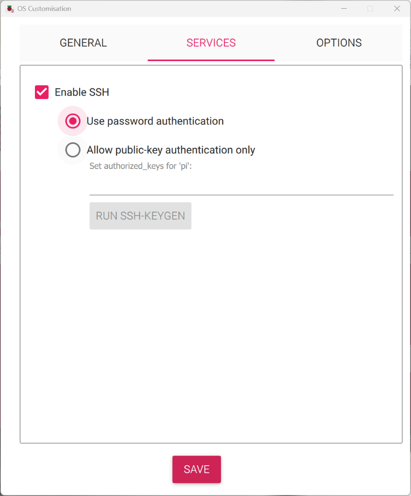 Change the Rasbperry Pi Services Settings - Enable SSH as following.