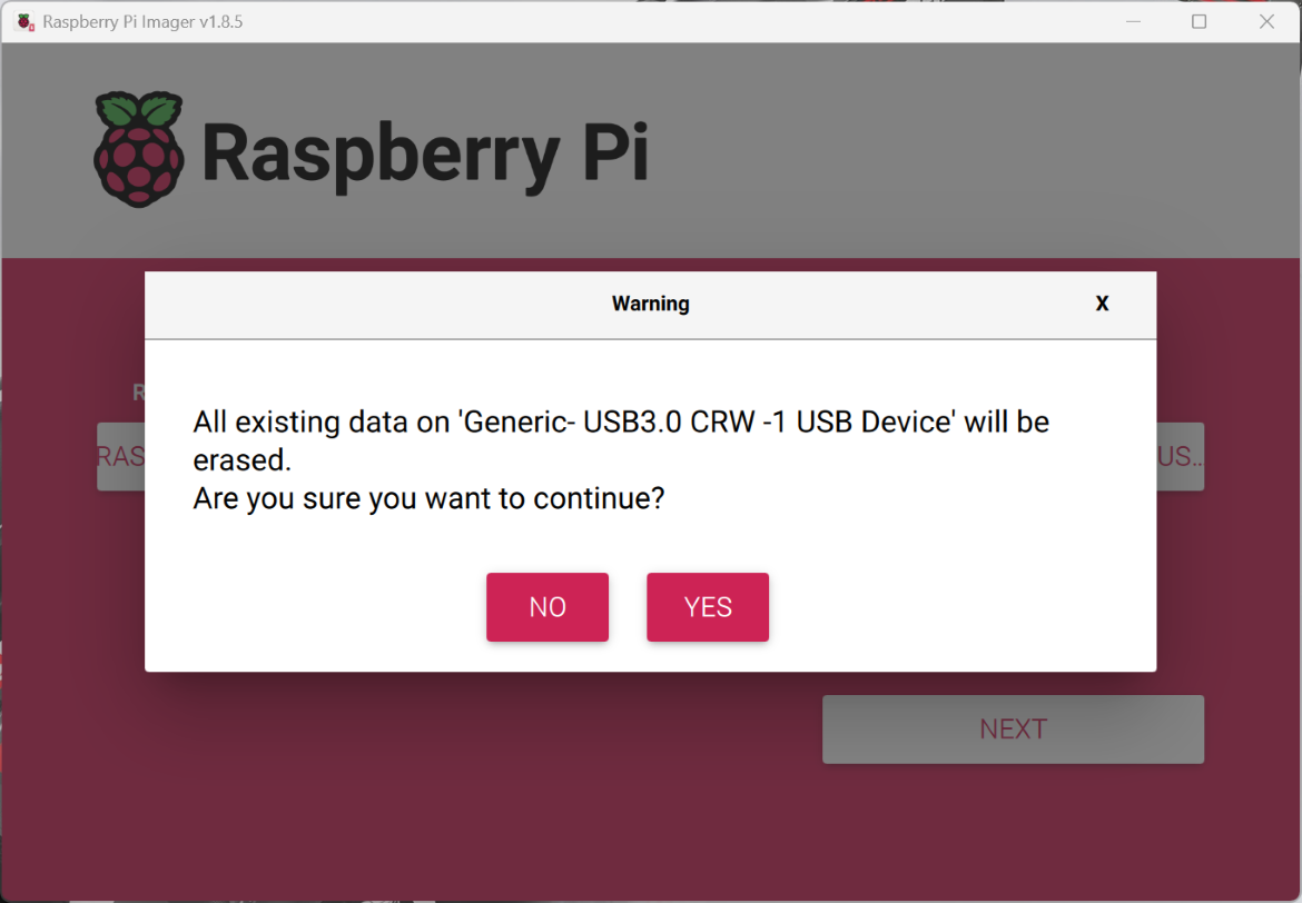 Choose the Rasbperry Pi Storage - USB Device with the SD Card inserted and select «Yes».