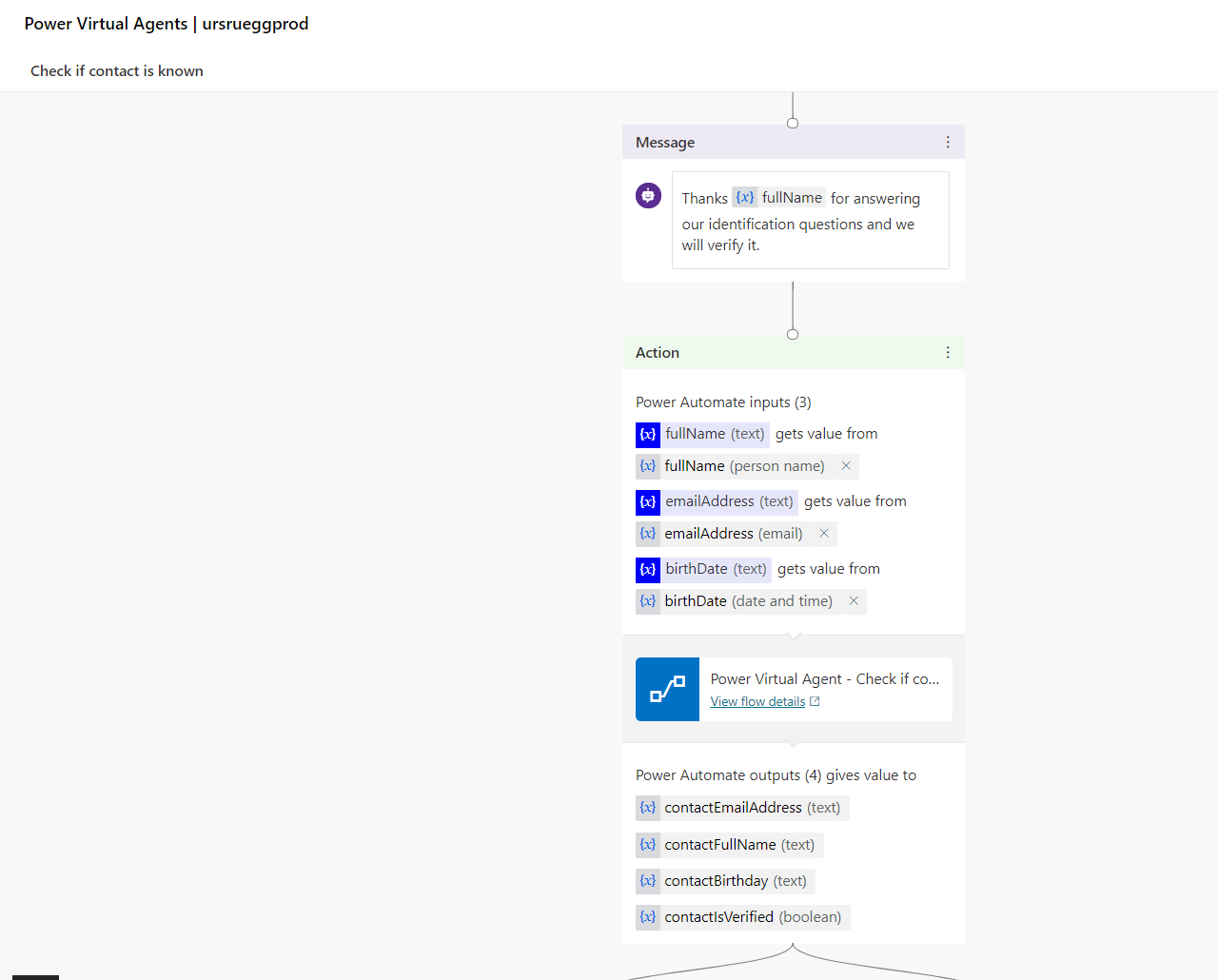 Open «Return value(s) to Power Virtual Agents» action and add four return parameters
